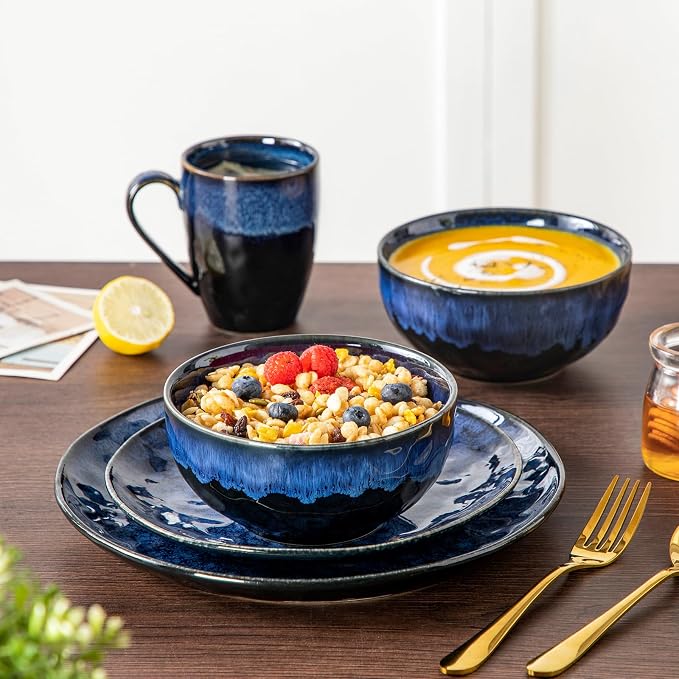 vancasso Starry 16 Pieces Dinnerware Set for 4, Reactive Glaze Blue Stoneware Plates and Bowls Set, Dishes Set with Mugs for 4, Microwave & Dishwasher Safe
