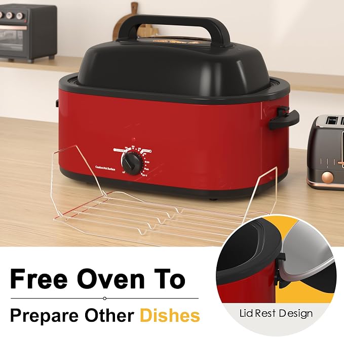 22 Quart Electric Roaster Oven with Visible & Self-Basting Lid, Large Turkey Roaster with Defrost Warm Function, Adjustable Temperature, Removable Pan Rack, Stainless Steel