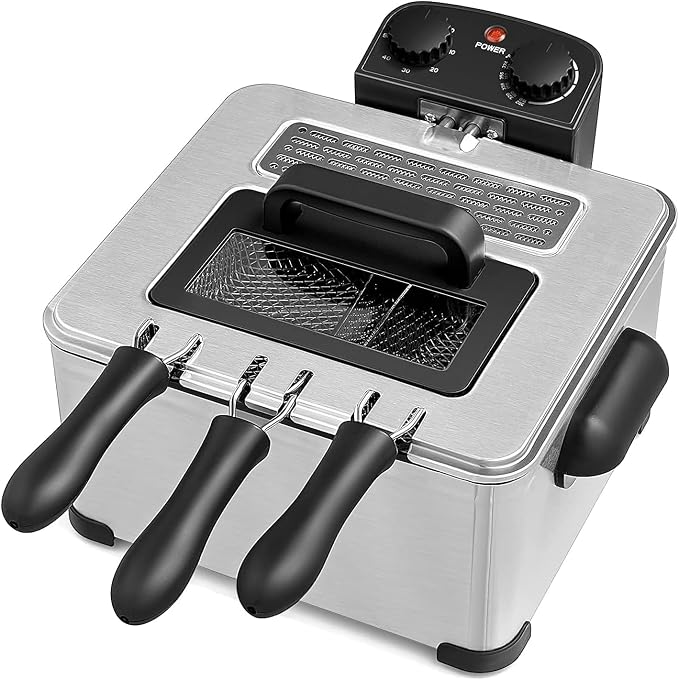 Deep Fryers with 3 Baskets - Simoe 5.3QT/21 Cup Electric Large Fryer Countertop, 1700W Stainless Steel Deep Oil Fryer with Lid, Adjustable Temperature & Timer & View Window, Professional Grade