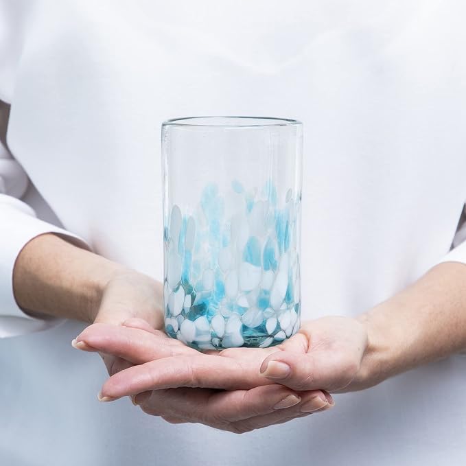 15 oz Hand Blown Mexican Drinking Glasses - Set of 6 tumblers, 15 fl oz each, Ocean Blue Confetti