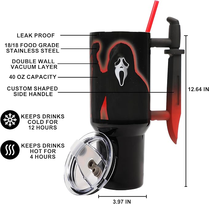 Bioworld Ghostface Text and Logo 40 Oz. Stainless Steel Tumbler With Dagger Handle