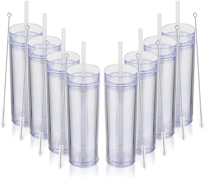 Volhoply 16oz Plastic Skinny Tumbler with Lid and Straw Bulk 8 Pack,Insulated Double Wall BPA Free Matte Acrylic Tumblers,Iced Coffee Travel Mug Reusable Party Cup,Customizable Diy Gifts(Clear,8 Set)