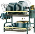 Dish Drying Rack,2 Tier Stainless Steel Dish Rack Drainboard Set,Utensil Holder, Cutting Board Holder,Dish Drainer for Kitchen Counter,Space-Saving (Green Gold)