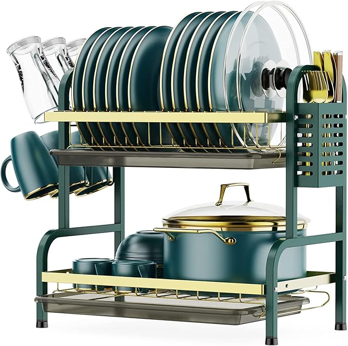 Dish Drying Rack,2 Tier Stainless Steel Dish Rack Drainboard Set,Utensil Holder, Cutting Board Holder,Dish Drainer for Kitchen Counter,Space-Saving (Green Gold)