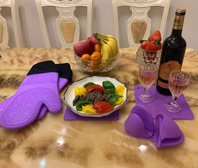 Extra Long Silicone Oven Mitts and Pot Holders Sets, Purple and Blue