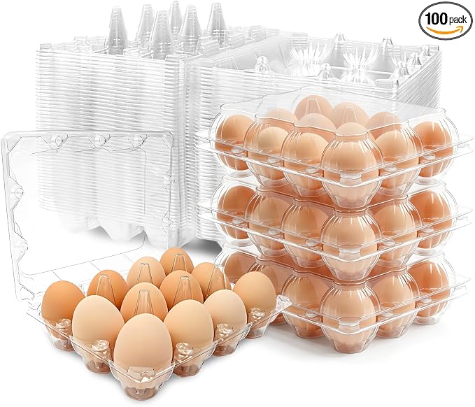 100 Pack 3x4 Plastic Egg Cartons Bulk 12 Count Clear, Reusable Stackable Dozen Chicken Eggs Containers Holders for Storage, Family, Farm Markets and Commercial Display
