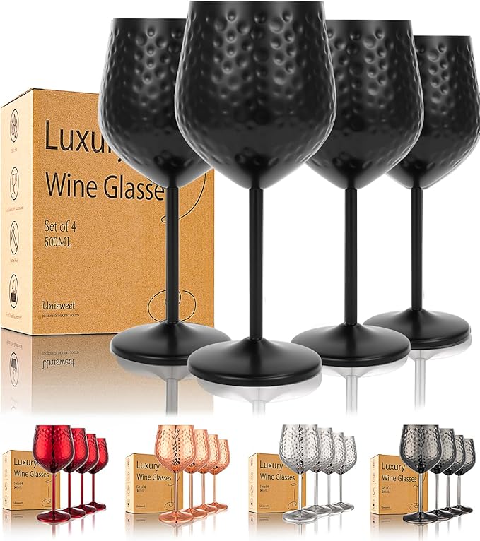 UNISWEET Stainless Steel Wine Glasses Set of 4 Unbreakable (Matte Black) | 17 oz Large-capacity Hammered Goblets, Lightweight & Reusable, Good for Outdoor, Camping, Pool Travel, Gift for Wine Lovers