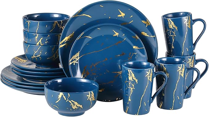 Modern Porcelain 16 Piece Blue Dinnerware Set,Plates and Bowls Sets,Gold Dish Set for 4,Blue Dinnerware Set,Dinner Sets with Dinner Plates.