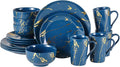 Modern Porcelain 16 Piece Blue Dinnerware Set,Plates and Bowls Sets,Gold Dish Set for 4,Blue Dinnerware Set,Dinner Sets with Dinner Plates.