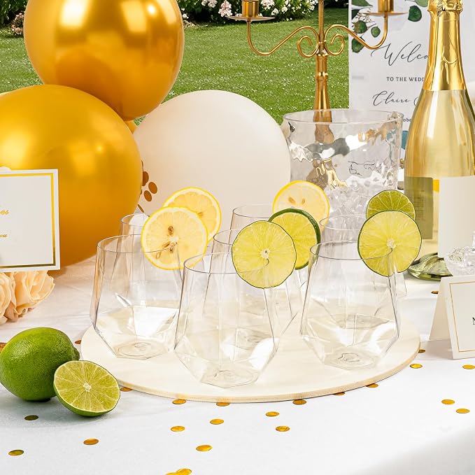 Goodluck 80 PCS Diamond Stemless Plastic Wine Whiskey Glasses, 12 Oz Disposable Cocktail Glasses, Suitable for Weddings, Birthday Parties, Family Gatherings, Bars, etc (Clear)