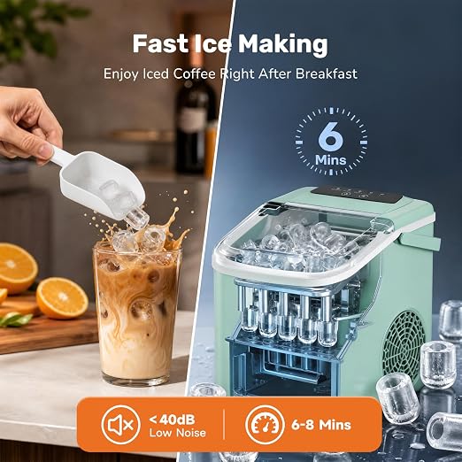 Sweetcrispy Countertop Ice Maker with Scoop, Basket and Handle, Portable Ice Machine 9 Cubes Ready in 6 Mins, 26.5lbs in 24Hrs, 2 Sizes for Home Kitchen Office Bar Party