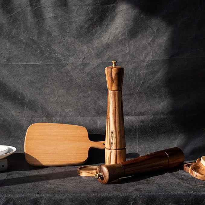 Salt and Pepper Grinder Set with Tray, Adjustable Ceramic Grinder Salt Mill, Stainless Steel Grinder Pepper Mill, Acacia Wood, 32 cm / 12 inch Height, Bottom Dia 6 cm (Tray is Included)