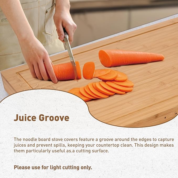 Bamboo Stove Cover for Gas & Electric Burners, 28.82”x20.83”x2.12'' (Inner) Noodle Board with Handles, Cutting Board with Juice Groove, Serving Tray (Natural Bamboo)