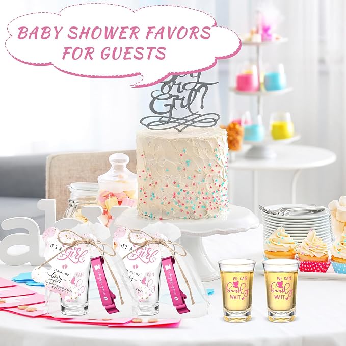 50 Sets Baby Shower Favor for Guests Acrylic Shot Glasses with Bottle Opener Keychains Thank You Tags and Bags Gender Reveal Party Favors for Guest Baby Shower Return Gift(Bear Girl)