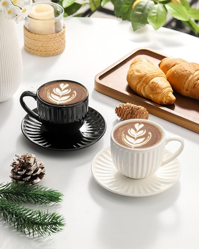 Ceramic Espresso Cups with Saucers 8 Oz,Set of 4 Porcelain Demitasse Cups Set,Small Coffee Cups with Handle for Coffee,Tea,Latte and Macchiato,Cappuccino Mugs for Kitchen and Cafe,White