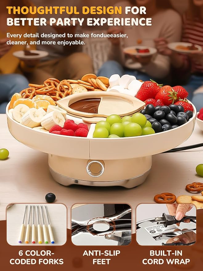 LUSHYUM Electric Chocolate Fondue Set, 4-Cup Chocolate, Rotating Tray | Melt & Warm Modes, Dual Silicone Inserts, 6 Color-Coded Forks, Easy-Clean, Ideal for Candy Melts, Couple Family & Date Night