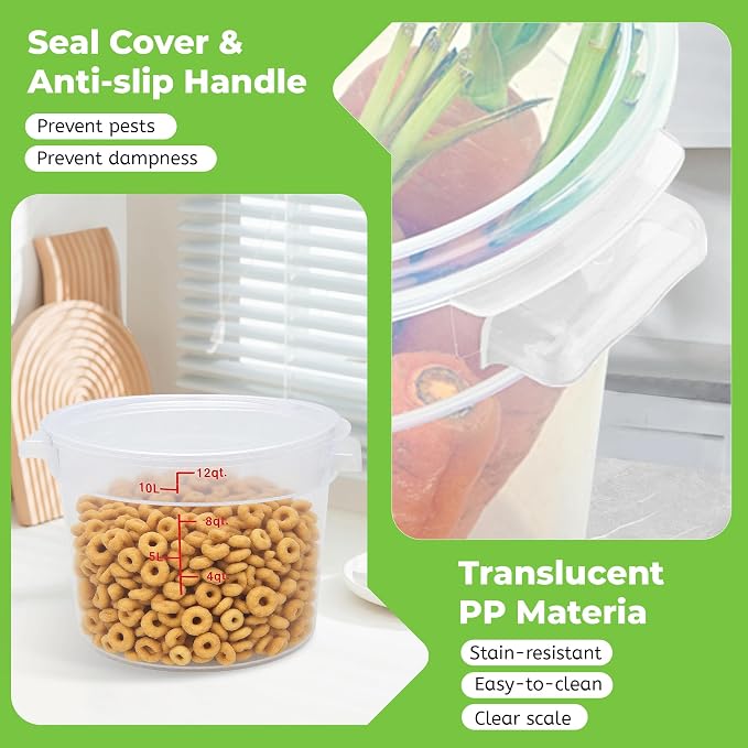 BIEAMA 4 Pack 12 Qt Round Food Storage Containers with Lids, Translucent PP | Include lids, labels, measuring cups and containers with capacity markings for food prep, pantry storage and dough proofing.
