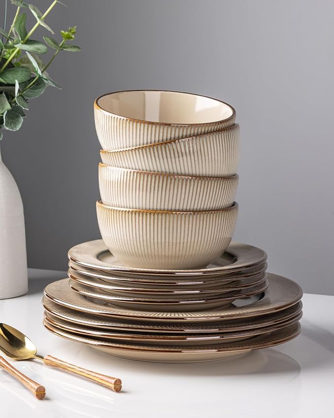 GBHOME Ceramic Dinnerware Sets, 24 pcs Embossed Elegant Stoneware Plates and Bowls Sets, Housewarming Wedding Gift | Dishwasher & Microwave Safe | Dishes Set Service for 8