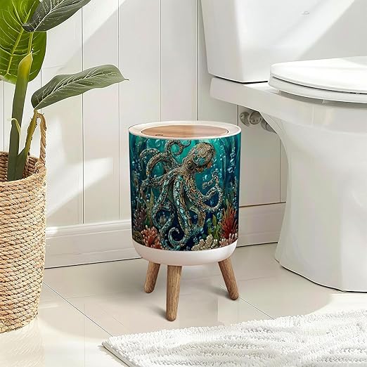 Trash Can with Lid Teal Blue Ocean Octopus Coral Reefs Press Top Round Small Garbage Bin with Wooden Legs Waste Basket for Kitchen Bedroom Nursery 7L/1.8 Gallon
