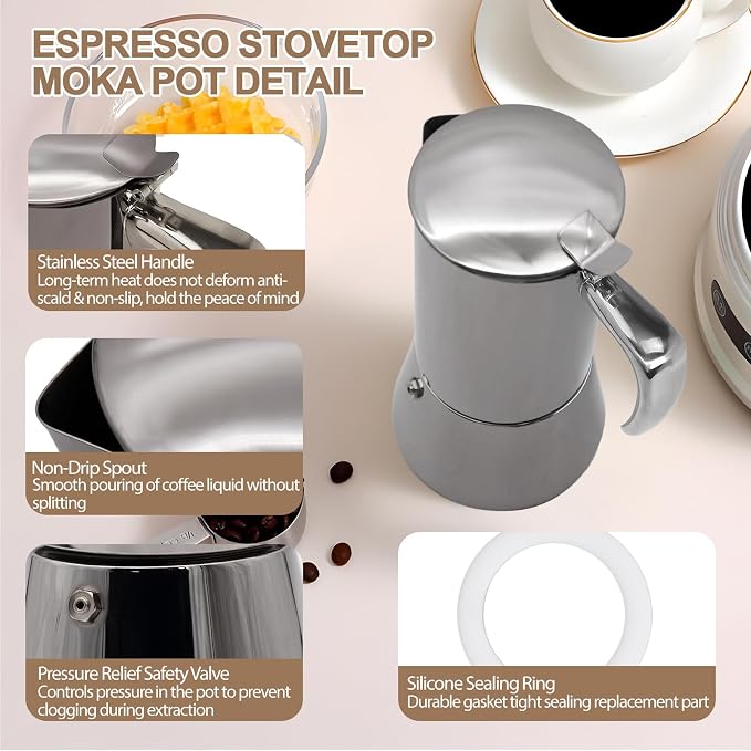 304 Thickened Stainless Steel Uncoated 2 Cup Moka Pot Coffee Maker Stovetop Espresso Coffeemaker Italian Classic Brewing Greca Cafe Mocha Machine for Cafeteras Camping Travel Home 100ml 3.3oz