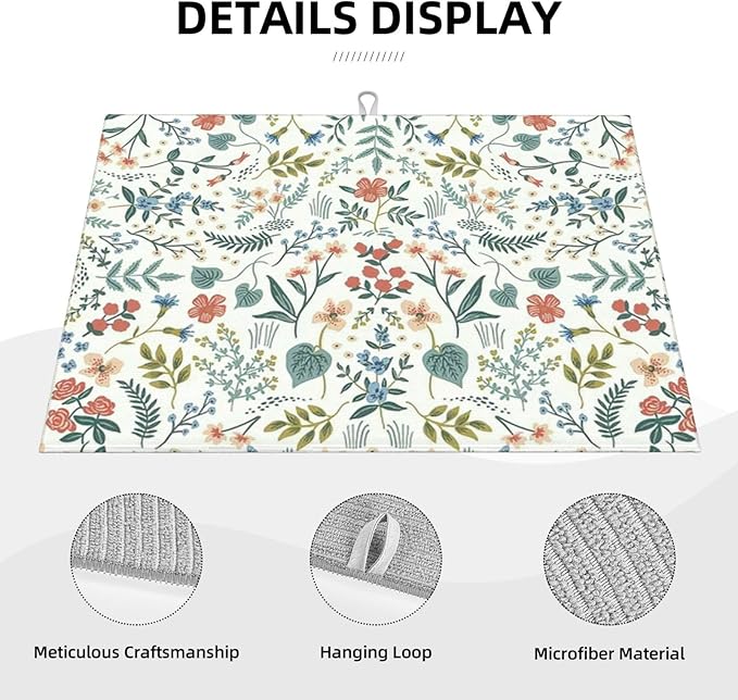 2Pcs Dish Drying Mats Faucet Mats Sets Large Size Coffee Mats Sink Faucet Mat Splash Guard for Kitchen Counter Bathroom Sink Coffee Bar Kitchen Decor (Wildflowers 1, 18"x24" 15" x 5.5"Set)