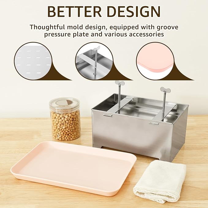 Paneer Strainer, Paneer Press Kit, Efficient Tofu Makers, Stainless Steel Tofu Maker Mold Easy to Use Paneer Maker with Drip Tray and Press Cloth for Home Kitchens Firm Or Extra Firm Paneer