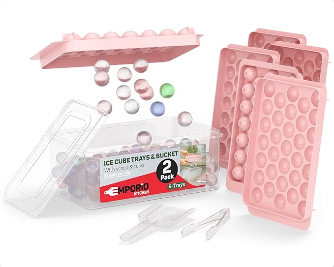 Emporio Kitchen Round Ice Cube Tray Set Pack of 2, BPA-Free Stackable Trays with Lid & Tongs, 33 Ice Balls Per Tray for Whiskey, Drinks, and Cocktails, Quick Release Round Ice Cube Mold, Pink
