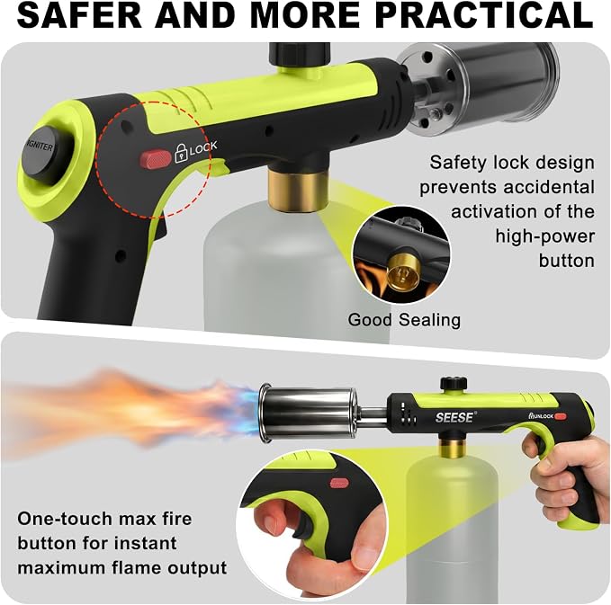 Powerful Propane Torch Gun,Kitchen Cooking Torch With One-Touch Max Fire, Charcoal Lighter with a Safety Lock, Adjustable Blow Torch for Sous Vide, BBQ, Campfire, Fireplace(Tank Not Included)