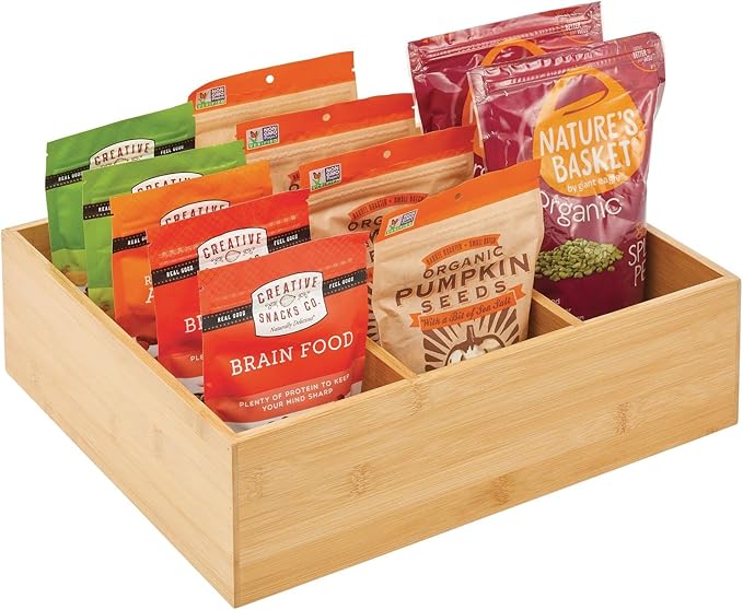mDesign Bamboo Pantry Organizer Bin Box, 3 Sections - Wooden Stackable Basket Crates for Food, Produce, Vegetable Storage - Use on Shelves or in Closet, 2 Pack, Natural/Tan