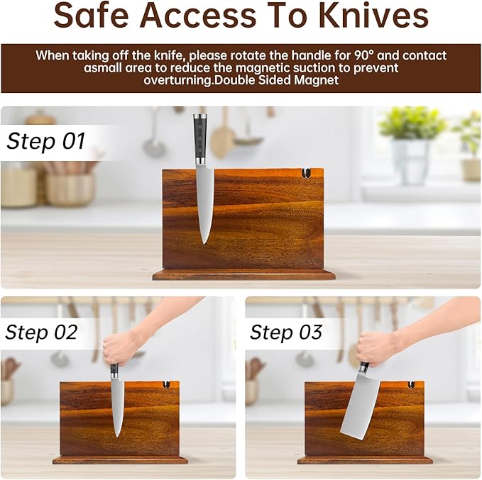 Magnetic Knife Block 14.9 x 10 inch Double Sided Magnetic Knife Holder Rack Acacia Wood Magnetic Knife Stand Knives Storage Rack with Knife Sharpener