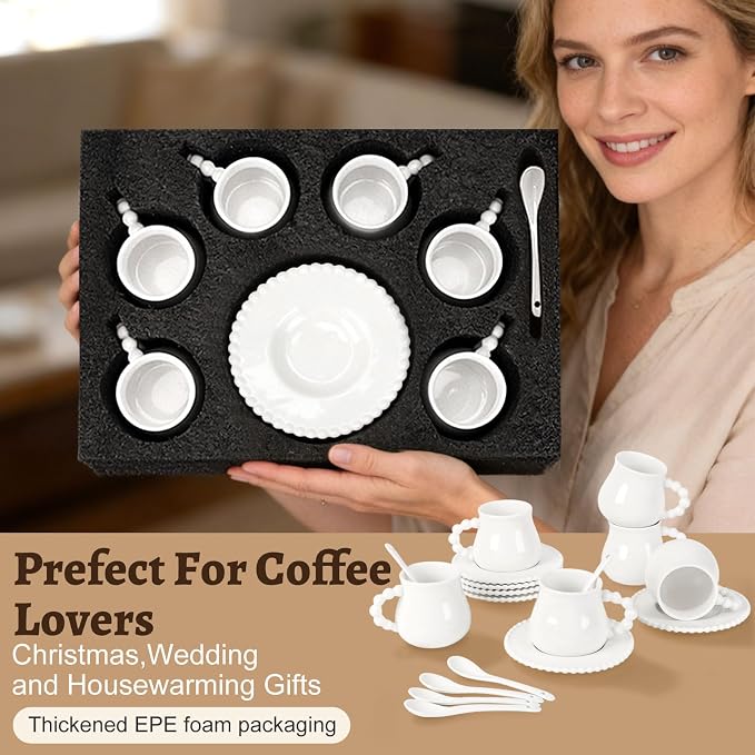 Coffee Cups Set of 6, 8 oz Ceramic Espresso Coffee Cup Set, Latte Mugs with Saucers and Spoons for Cappuccino, Latte, Mocha, Tea, Au Lait, Dishwasher & Microwave Safe