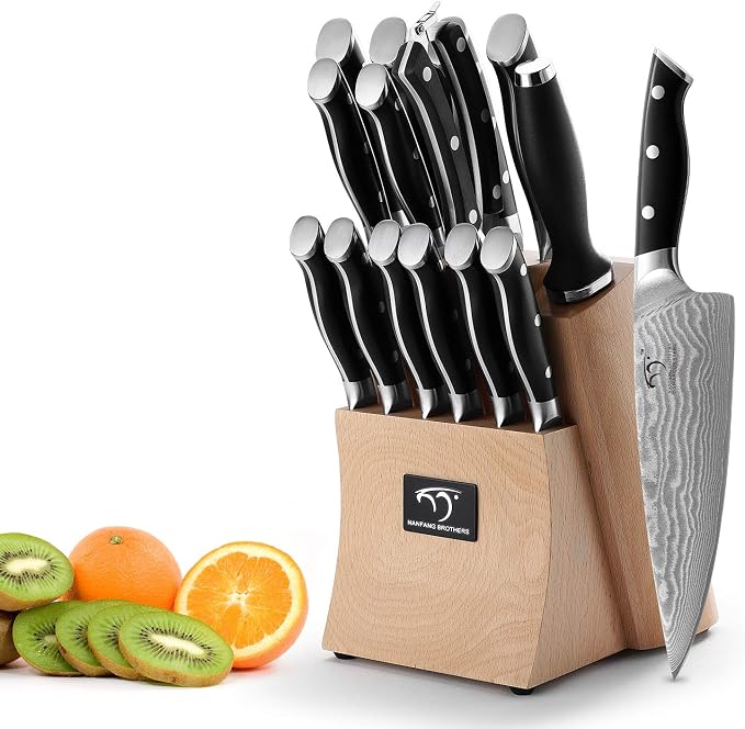 NANFANG BROTHERS 15-Piece Damascus Kitchen Knife Sets with Japanese 67-Layer Damascus Steel, ABS Ergonomic Handle for Chef Knife Set, Ultra Sharp Knife Set with Sharpener, Beechwood Block