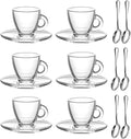 Espresso Cups with Saucers and Spoons Set of 6, Glass Demitasse Cups for Cappuccino Latte Café Mocha Tea and More Beverage, 3.2OZ/95ML, Clear