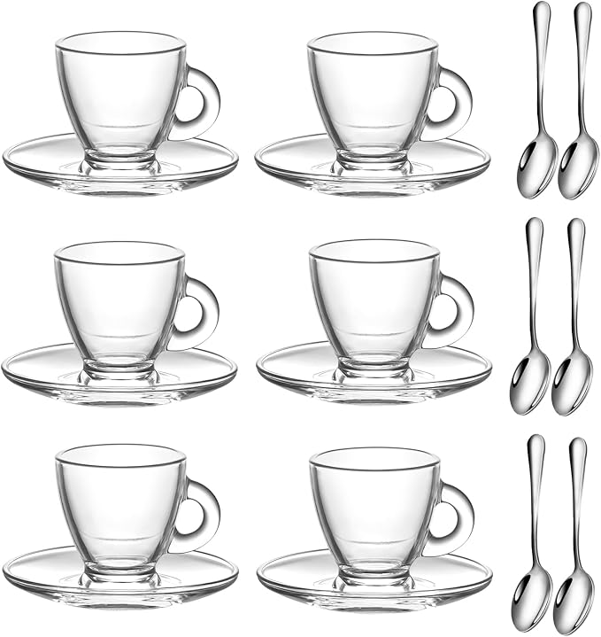 Espresso Cups with Saucers and Spoons Set of 6, Glass Demitasse Cups for Cappuccino Latte Café Mocha Tea and More Beverage, 3.2OZ/95ML, Clear