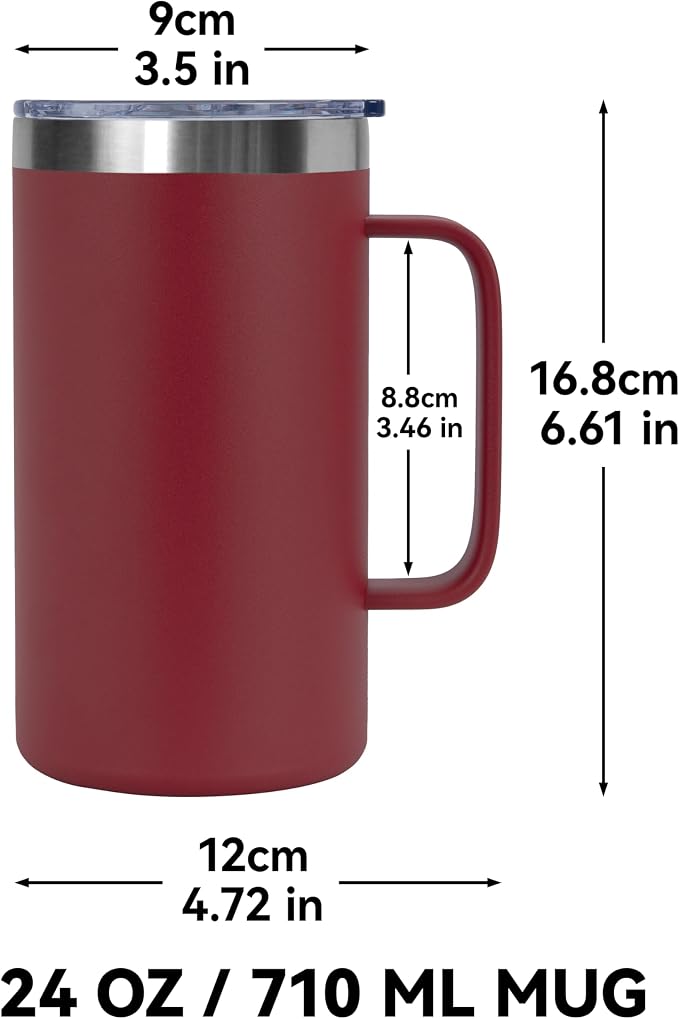 DOMICARE 24oz Mug with Handle and Lid, Stainless Steel Coffee Mug, Travel Mug with Handle, Double Wall Vacuum Coffee Tumbler, Reusable Insulated Cup, Dark Red, Pack 4
