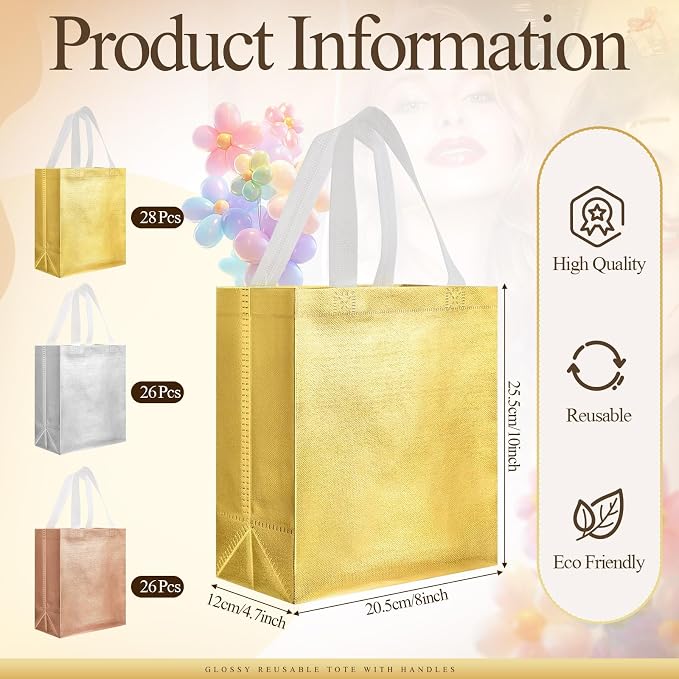 Eccliy Reusable Gift Bags Set Glossy Grocery Gift Tote Bag with Handle for Wedding, Bridal Shower, 4th of July, Summer Event(10 x 8 x 4.7 Inch,Gold,Silver,Rose Gold,80 Pcs)