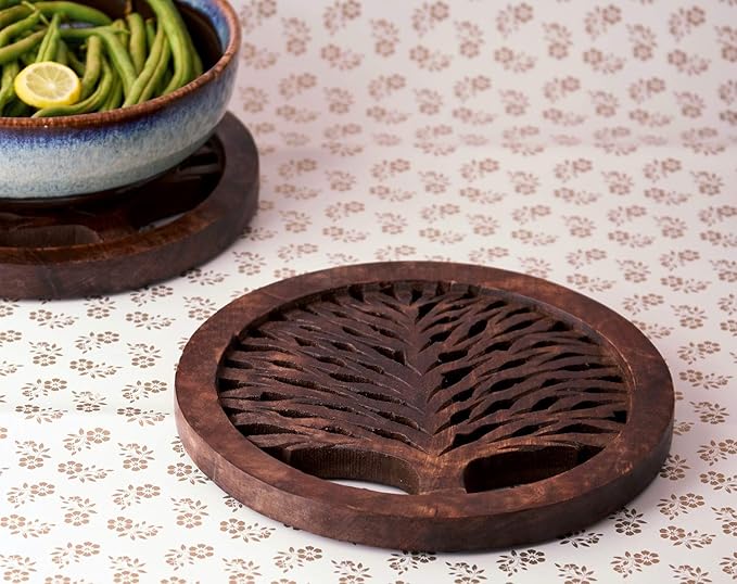 Set of 2 Wooden Trivets for Hot Dishes Pots and Pans Tea Pot Holders Nonslip Heat Resistant Kitchen Counter Accessories for Table Countertops (TRWAL) 8" Diameter Tree of Life