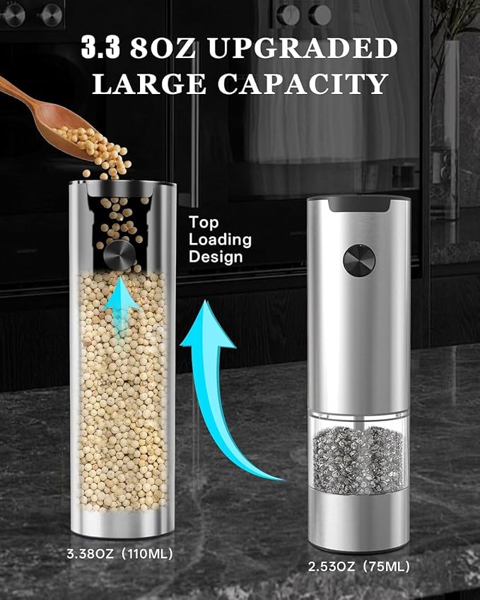 Electric Salt and Pepper Grinder Set with Rechargeable Base - Upgraded Large Capacity, Refillable Pepper Mill Set with LED Light & Adjustable Coarseness, Ideal for Kitchen, Outdoor (Light Silver)