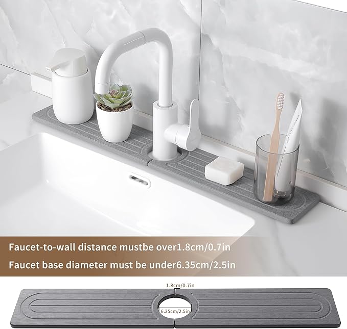 Faucet Mat for Kitchen Sink -Diatomite Stone Drying Mat for Kitchen Counter & Bathroom Sink,Quick-Dry Kitchen Sink Mat-Sink Protector & Splash Guard,Super Absorbent (Gray, 15.8"x4")