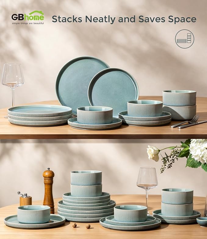 GBHOME 12-Piece Stoneware Dinnerware Set for 4 – Ribbed Ceramic Plates and Bowls, Scratch-Resistant, Microwave & Dishwasher Safe, Reactive Glaze, Malachite Green