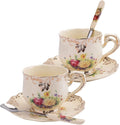 Foraineam Set of 2 Tea Cup and Saucer, 8 oz. Flowering Shrubs Ivory Ceramic Coffee Cup Fancy Floral Porcelain Tea Cup Set with Saucer and Spoon