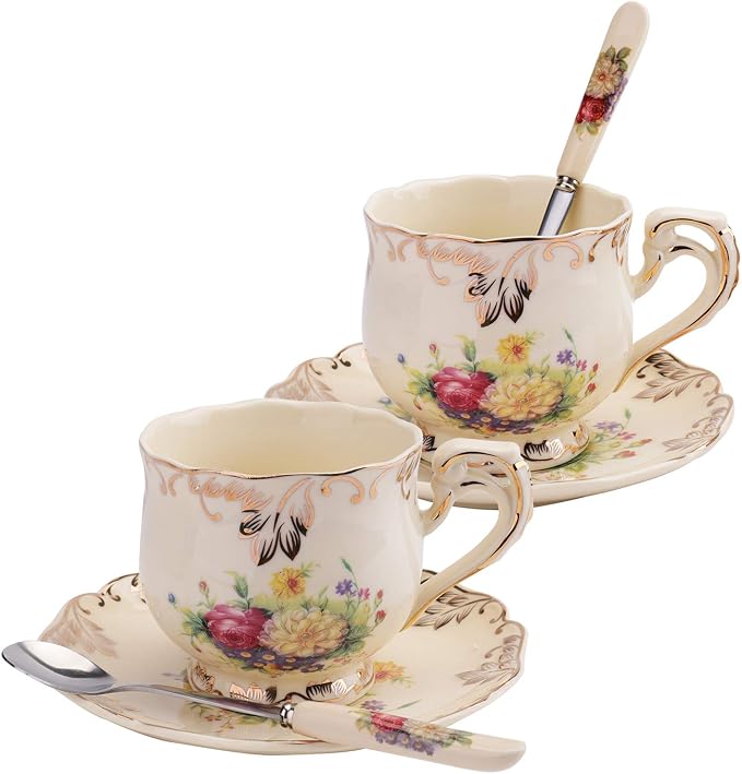 Foraineam Set of 2 Tea Cup and Saucer, 8 oz. Flowering Shrubs Ivory Ceramic Coffee Cup Fancy Floral Porcelain Tea Cup Set with Saucer and Spoon