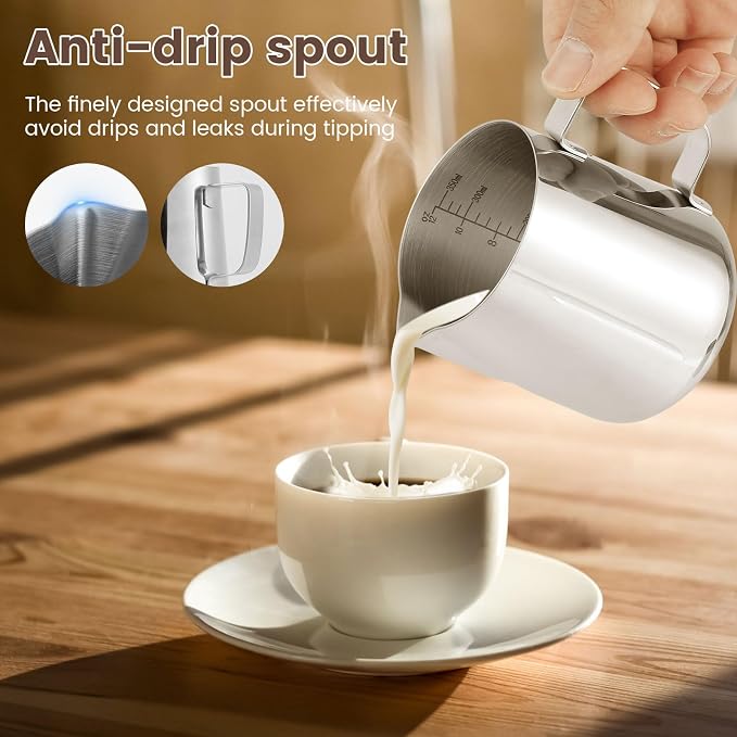 4PCS Milk Frothing Pitcher, 12oz/350ml Stainless Steel Milk Frother Cup, Espresso Coffee Jug for Latte Art Cappuccino, Barista Milk Cup with Decorating Pen for Home Barista and Coffee Bar