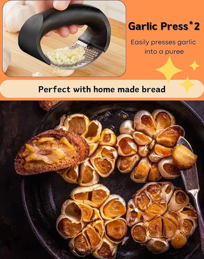 Large Garlic Roaster, Cast Iron Garlic Roaster for Oven Grill, Cast Iron Skillets Pan for BBQ, Picnic Garlic Baker with 2 Garlic Presses