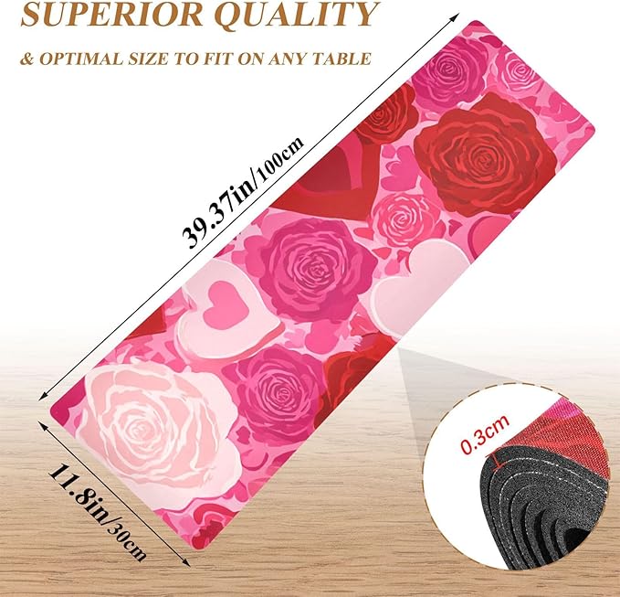2 in 1 Table Runner Trivet for Hot Pots and Pans Heat Resistant Non Slip Waterproof 39 x 12 Inch Decorative Table Protector for Kitchen Countertop Pink Hearts Roses Red Petals
