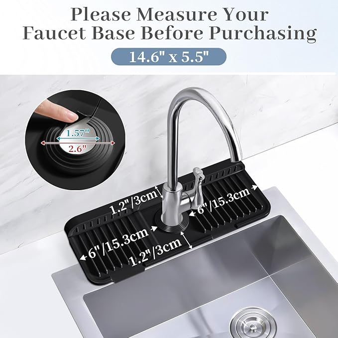 PoYang 14.6 inch Faucet Mat for Kitchen Sink Splash Guard, 7° Slope Silicone Sink Water Splash Guard for Kitchen Sink Area with Snap Button, Small Sink Protectors for kitchen Sink Sponge Holder, Black