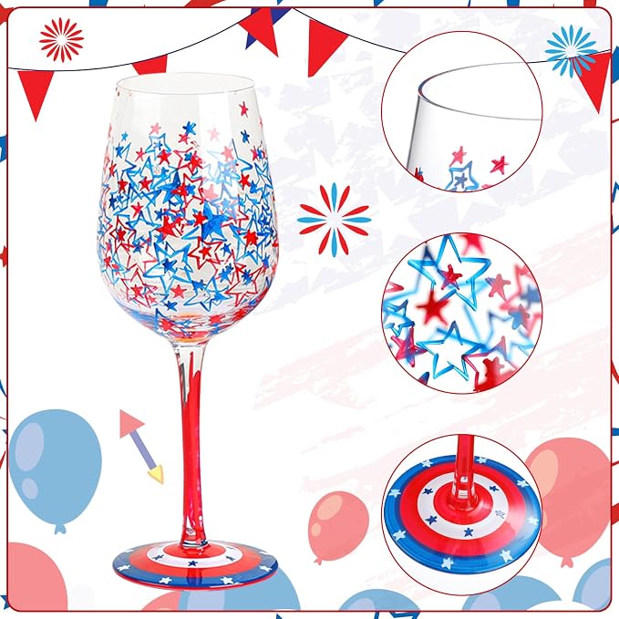 SiliFine 2 Pcs Independence Day 4th of July Party Stemmed Wine Glasses Hand Painted USA American Flag Star Drinking Cup Wine Glasses Gifts for Patriotic Theme Holiday Supplies