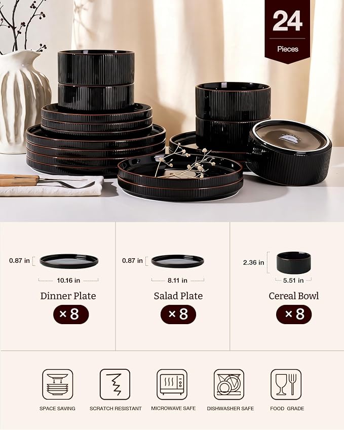 24-Piece Plates and Bowls Set, Porcelain Dinnerware Sets for 8 Service, Modern Dish Set with Rust-Red Rim, Chip and Scratch Resistant, Dishwasher & Microwave Safe, Black