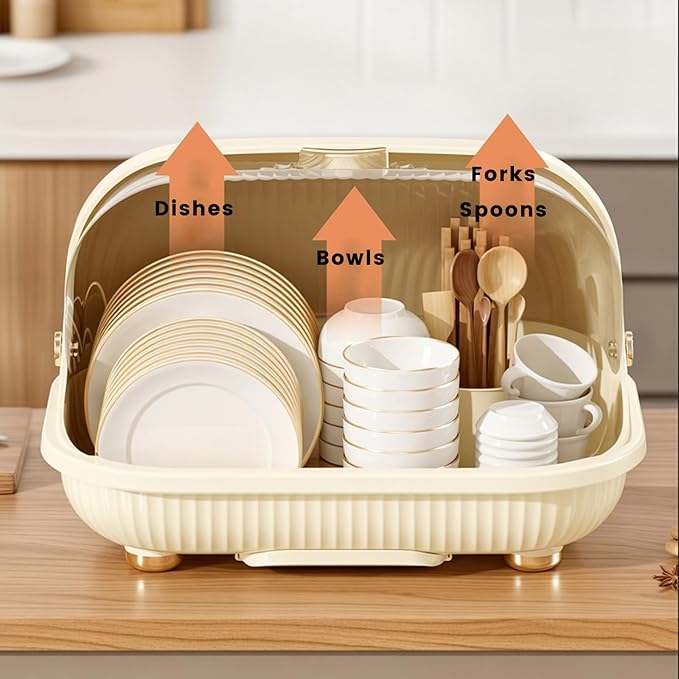 Dish Rack, Dish Drying Rack with Cover Lid and Removable Drainboard, Drying Rack Over Sink Drainer Draining Rack with Drip Tray, Large