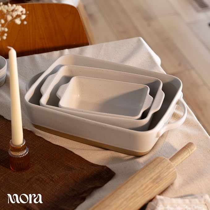 Mora Ceramic Baking Dish with Handles For Casserole, Lasagna, Gratin, Broiling, Roasting, and Baking. Large 9x13 in Pan, Extra Deep - Porcelain Serving Bakeware from Oven to Table. Freezer Safe - Oat